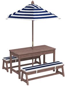 AIYAPLAY Outdoor Wooden Kids Picnic Table & Bench Set with Cushions and Umbrella, for Patio, Garden, Navy Blue