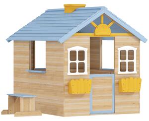 Outsunny Wooden Playhouse, Wendy House w/ Door, Bench, Flowerpot Holder, For Ages 3-7 Years, Blue