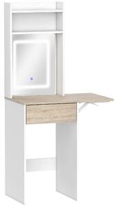 HOMCOM Small Vanity Desk with Mirror and LED Lights, Compact Dressing Table with Drop Leaf, Open Shelves and Drawer, White