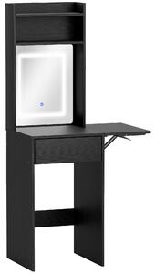 HOMCOM Small Vanity Desk with Mirror and LED Lights, Compact Dressing Table with Drop Leaf, Open Shelves and Drawer, Black