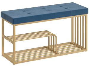 HOMCOM Bench and Shoe Storage, Tufted Shoe Storage Bench with Velvet Seat Cushion Gold Steel Frame for Entryway, Dark Blue