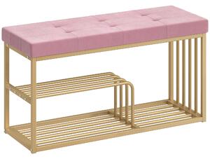 HOMCOM Bench and Shoe Storage, Tufted Shoe Storage Bench with Velvet Seat Cushion Gold Steel Frame for Entryway, Pink