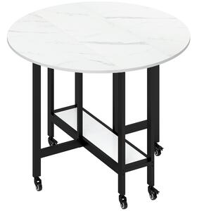 HOMCOM Folding Dining Table, Drop Leaf Table with Open Shelf, Rolling Kitchen Table for Dining Room, Small Spaces, White Marble