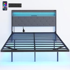 HOMCOM Floating Bed Frame, Upholstered 4ft6 Double Size Bed, Platform Bed with RGB LED Lights and Charging Station, Grey