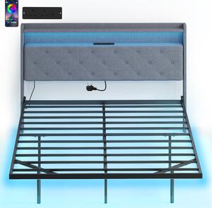 HOMCOM Floating Bed Frame, Upholstered 5ft King Size Bed, Platform Bed with RGB LED Lights and Charging Station, Grey