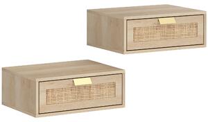 HOMCOM Floating Bedside Tables Set of 2, Wall Mounted Bedside Cabinets with Rattan Drawer and Wood Effect, Oak