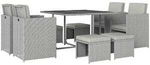 Outsunny 9 Piece Rattan Cube Garden Furniture Dining Set with Armchairs, Footstools and Glass-Top Table, Light Grey
