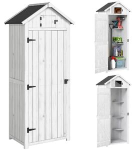 Outsunny Small Shed, Tall Slim Wooden Garden Shed with 3 Removable Shelves and Roof Hatch, Compact Outdoor Tool Storage Cabinet with Asphalt Roof and Door Latch, 77 x 54.2 x 179 cm, Light Grey