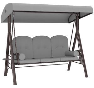 Outsunny 3 Seater Canopy Swing Chair, Outdoor Garden Swing Seat with Adjustable Canopy, Cushions and Cup Trays, Steel Frame, Light Grey
