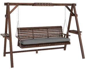 Outsunny 3 Seater Garden Swing Seat, Wooden Swing Chair Bench with Cushion, Side Trays and Metal Chains, for Outdoor Porch Patio, Carbonised Brown
