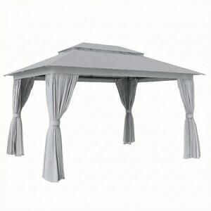 Outsunny 3 x 4 m Outdoor Garden Gazebo with Netting and Curtains, UPF50+ Patio Gazebo Permanent Pavilion Canopy, Dark Grey