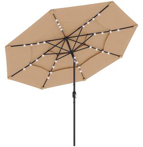 Outsunny 2.8 m Garden Parasol Umbrella with LED Solar Light, Parasol Cover, 3 Tier Outdoor Table Market Patio Umbrella, Khaki
