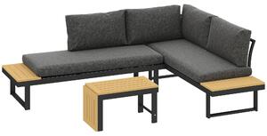 Outsunny 4 Seater L Shaped Aluminium Sectional Garden Furniture Set with 2 Loveseats and Wood-Plastic Coffee Table - Natural Wood