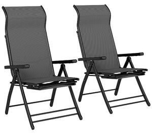 Outsunny Reclining Garden Chairs Set of 2, 5-Position Folding Sun Loungers with High Back, Retractable Footrest, Dark Grey