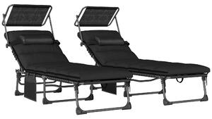 Outsunny Folding Sun Loungers Set of 2 with Canopy, Reclining Sunbed with Cushion, Side Pocket, Carrying Handle, Black