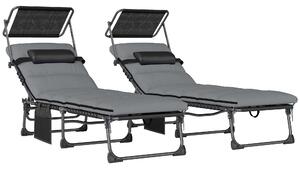 Outsunny Folding Sun Loungers Set of 2 with Canopy, Reclining Sunbed with Cushion, Side Pocket, Carrying Handle, Light Grey