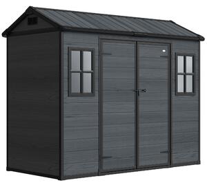 Outsunny 8 x 4 ft Resin Garden Shed, Wood-Effect Outdoor Storage Shed with Floor, Windows, Lockable Doors and Vents, Dark Grey