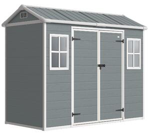 Outsunny 8 x 4 ft Resin Garden Shed, Wood-Effect Outdoor Storage Shed with Floor, Windows, Lockable Doors and Vents, Light Grey