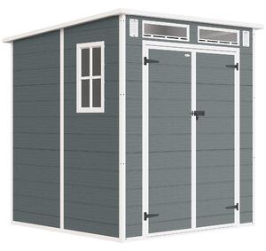 Outsunny 6 x 6 ft Plastic Garden Shed, Wood-Effect Outdoor Storage Shed with Floor, Windows, Lockable Doors and Vents, Grey