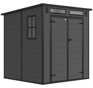 Outsunny 6 x 6 ft Plastic Garden Shed, Wood-Effect Outdoor Storage Shed with Floor, Windows, Lockable Doors and Vents, Dark Grey
