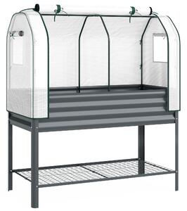 Outsunny Galvanised Raised Planter with Greenhouse Cover, Metal Raised Garden Bed on Legs with Bed Liner and Bottom Shelf