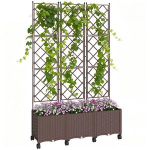 Outsunny Plastic Raised Planter with Trellis, Self Watering Raised Bed for Garden with Wheels, Drainage Holes and Plugs