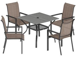 Outsunny 5 Pieces Outdoor Dining Set for 4, Garden Table and Stackable Chairs with Breathable Mesh Seat, Grey and Khaki