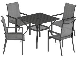 Outsunny 5 Pieces Outdoor Dining Set for 4, Garden Table and Stackable Chairs with Breathable Mesh Seat and Parasol Hole, Grey