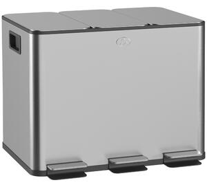 HOMCOM 3 x 20L Pedal Bin, Steel Triple Kitchen Bin with Soft Close Lid, Removable Inner Buckets, Fingerprint-Proof, Silver Tone