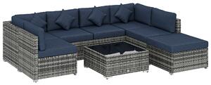 Outsunny 8 Pieces PE Rattan Corner Sofa Set, Outdoor Garden Furniture Set, Patio Wicker Sofa Seater w/ Cushion, Dark Blue