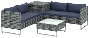 Outsunny 4 Piece Rattan Garden Furniture Set, Outdoor Corner Sofa Set with Storage Table, Loveseats, Cushions - Dark Blue