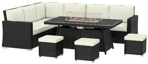 Outsunny 7 Pieces PE Rattan Garden Furniture Set, 50,000 BTU Gas Fire Pit Table, Double Corner Sofa and 3 Footstools