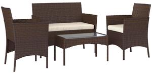 Outsunny 4 Piece Rattan Garden Furniture Sofa Set with Loveseat, Armchairs, Glass-Top Coffee Table and Cushions, Brown