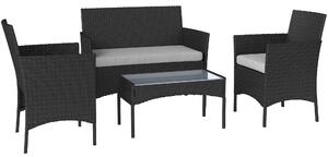 Outsunny 4 Piece Rattan Garden Furniture Sofa Set with Loveseat, Armchairs, Glass-Top Coffee Table and Cushions, Black