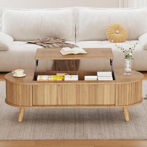 Lift-Up Oval Coffee Table with Hidden Storage and Height-Adjustable Top, Space-Saving Table for Living Areas, 120L x 50W x 39.5H cm, Wood Aosom UK
