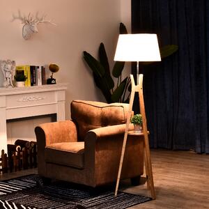HOMCOM Wooden Tripod Floor Lamp with E27 Bulb Base, Fabric Shade & Storage Shelf, Foot Switch, 156cm, White