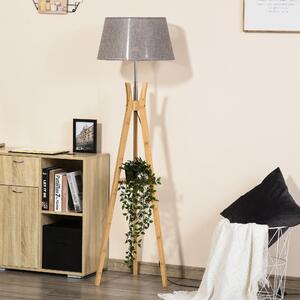 HOMCOM Natural Wood Tripod Floor Lamp Light E27 Base Bedroom Living Room Fabric Shade Storage Shelf Foot Switch, 156cm, Grey