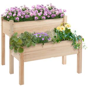 Outsunny 2-Piece Solid Fir Wood Plant Raised Bed Garden Flower Vegetable Herb Grow Box 86L x 85W x 72H cm Natural Wood Color