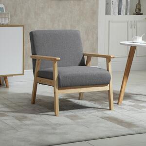 HOMCOM Accent Chair with Thick Linen Cushions, Wide Seat Wood Frame Mid Century Armchair for Bedroom Office, Grey