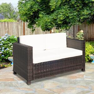 Outsunny Garden Rattan Sofa 2 Seater Outdoor Garden Wicker Weave Furniture Patio 2-Seater Double Couch Loveseat Brown