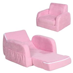 HOMCOM 2 In 1 Kids Children Sofa Chair Bed Folding Couch Soft Flannel Foam Toddler Furniture for Playroom Bedroom Living Room Pink