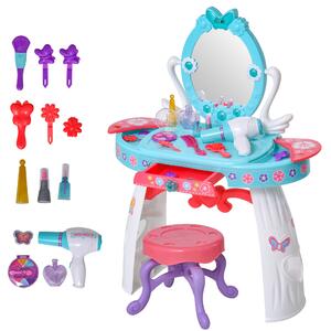 HOMCOM Kids Beauty Pretend Princess Dressing Table Play Set with Mirror Lights Music & Makeup Accessories for Girls 3 Years Old Blue
