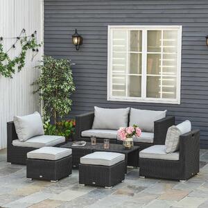Outsunny 6-Seater Garden Rattan Wicker Sofa Set w/ Coffee Table, Wicker Weave Chair, Space-saving Footstool, Padded Cushions, Black