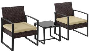 Outsunny PE Rattan Garden Furniture 3 pcs Patio Bistro Set Weave Conservatory Sofa Coffee Table and Chairs Set Beige
