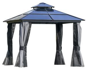 Outsunny 3 x 3(m) Polycarbonate Hardtop Gazebo Canopy with Double-Tier Roof and Aluminium Frame, Garden Pavilion with Mosquito Netting and Curtains