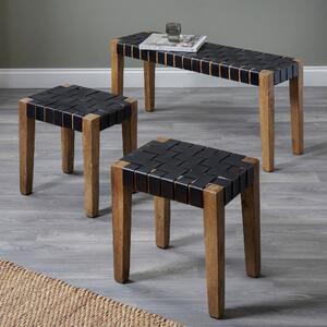 Pacific Claudio Leather Bench and Stools Set, Mango Wood Brown
