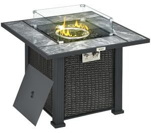 Outsunny Outdoor PE Rattan Gas Fire Pit Table, Square Patio Propane Heater with Marble Desktop, Rain Cover, Glass Windscreen, Glass Stones, Black