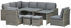 Outsunny 7 Piece Rattan Garden Furniture Set, 10-Seater Sofa Sectional with Cushioned Sofa Seat, Footstools and Expandable Glass Table for Yard Grey
