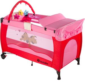 Tectake 400533 travel cot dog 132x75x104cm with changing mat, play bar & carry bag - pink