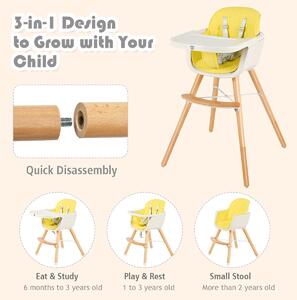 Costway 3 in 1 Baby High Chair with Adjustable Legs and Tray for Dining-Yellow